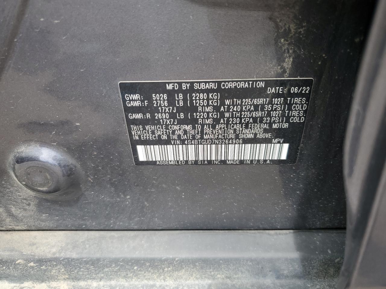 2022 Subaru Outback Wilderness VIN: 4S4BTGUD7N3264906 Lot: 67687365