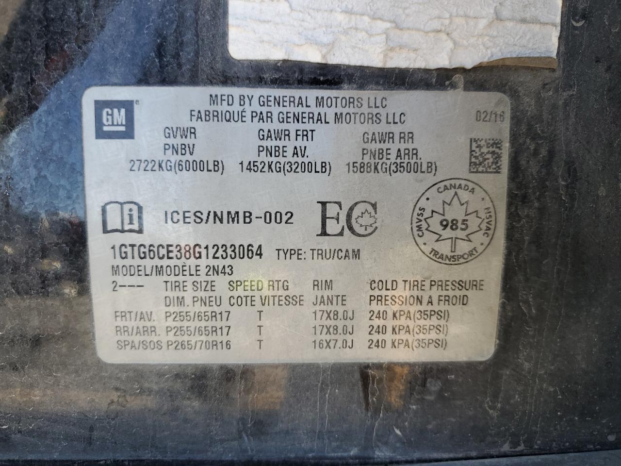 2016 GMC Canyon Sle VIN: 1GTG6CE38G1233064 Lot: 69772195