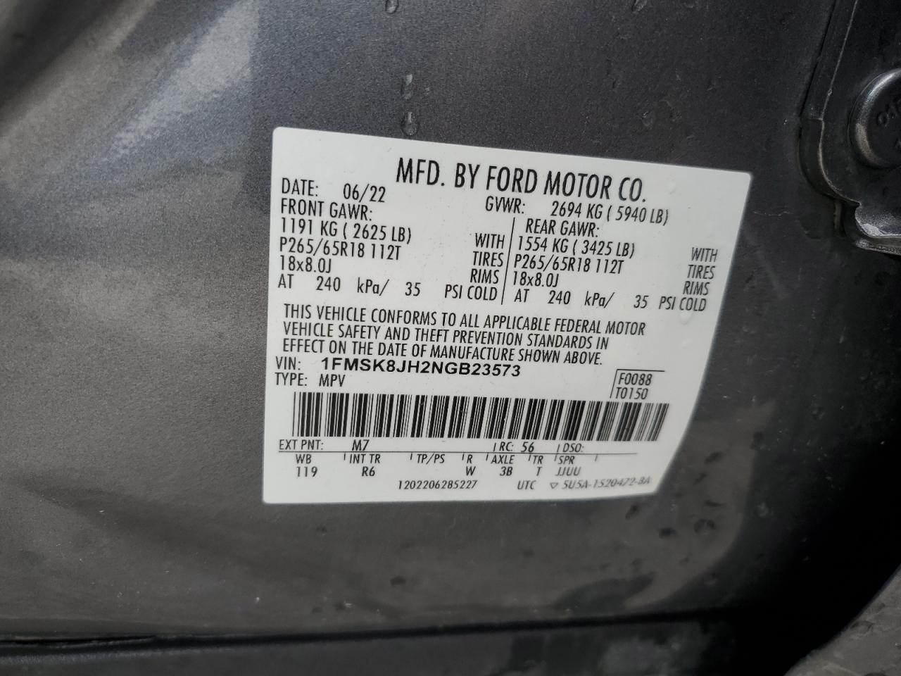 2022 Ford Explorer Timberline VIN: 1FMSK8JH2NGB23573 Lot: 70594165