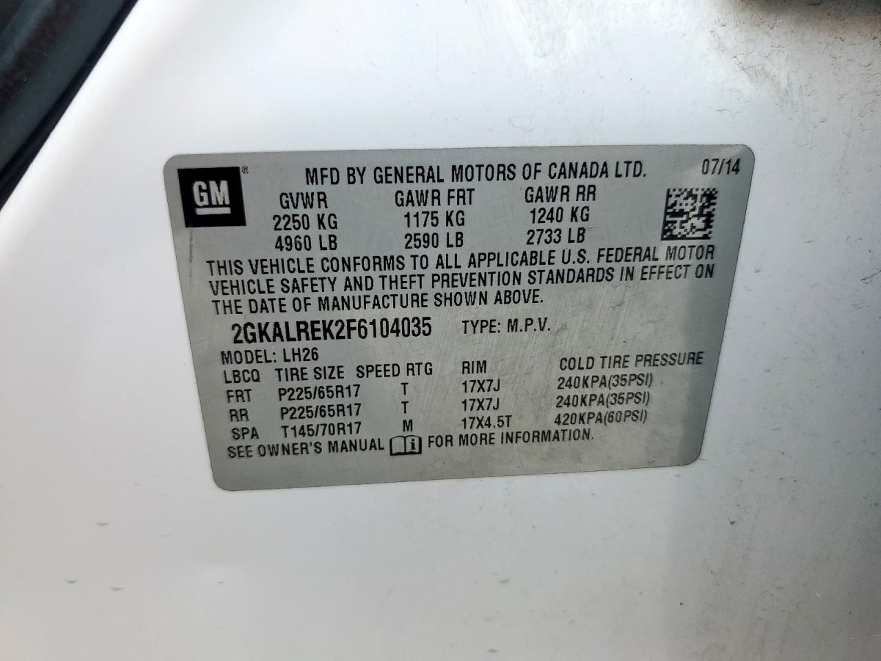 2015 GMC Terrain Sle VIN: 2GKALREK2F6104035 Lot: 67943275