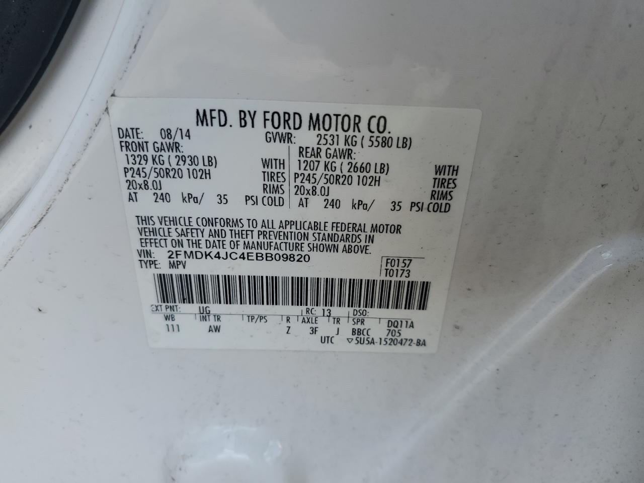 2014 Ford Edge Sel VIN: 2FMDK4JC4EBB09820 Lot: 69852545