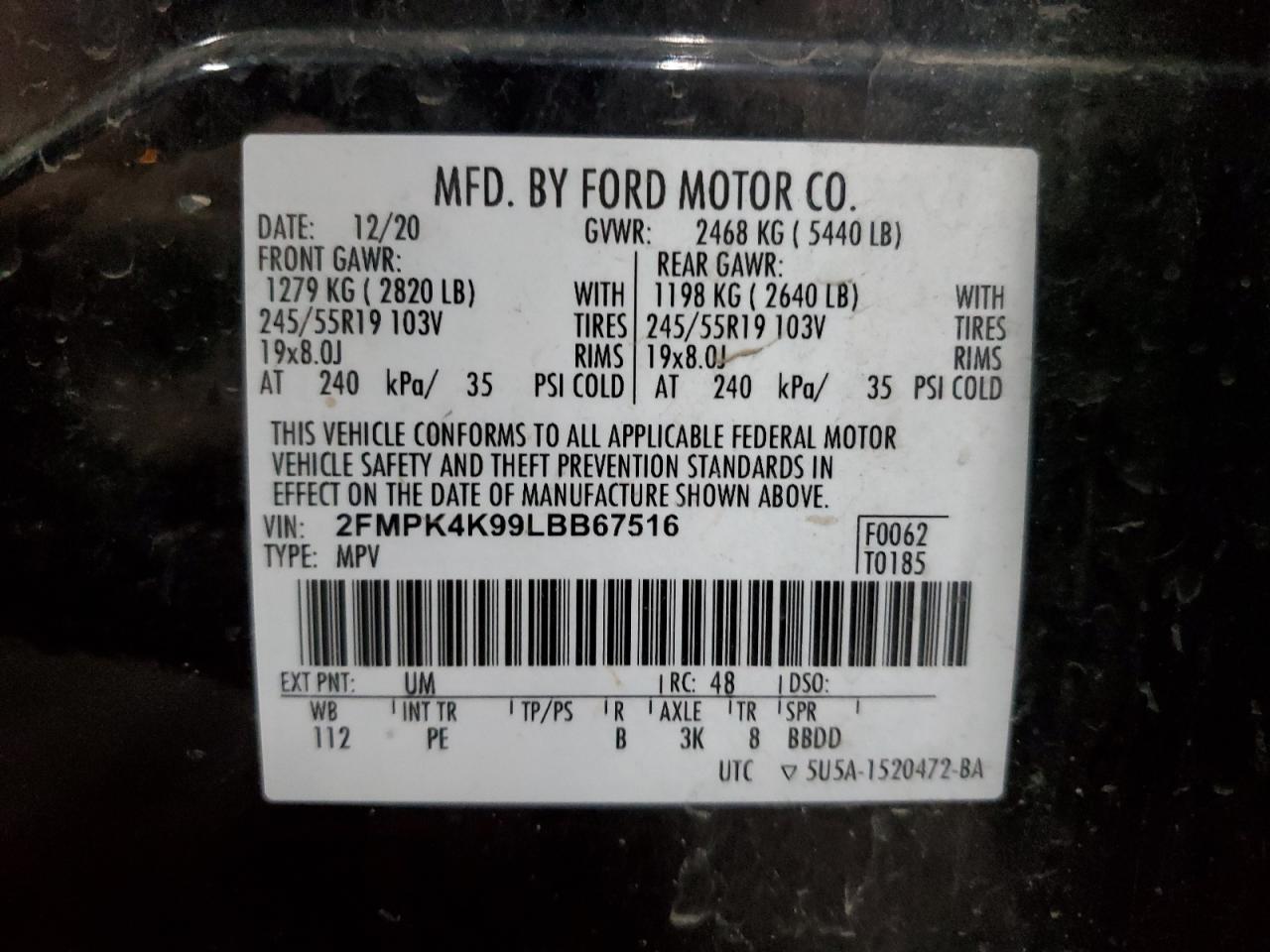 2020 Ford Edge Titanium VIN: 2FMPK4K99LBB67516 Lot: 69196515