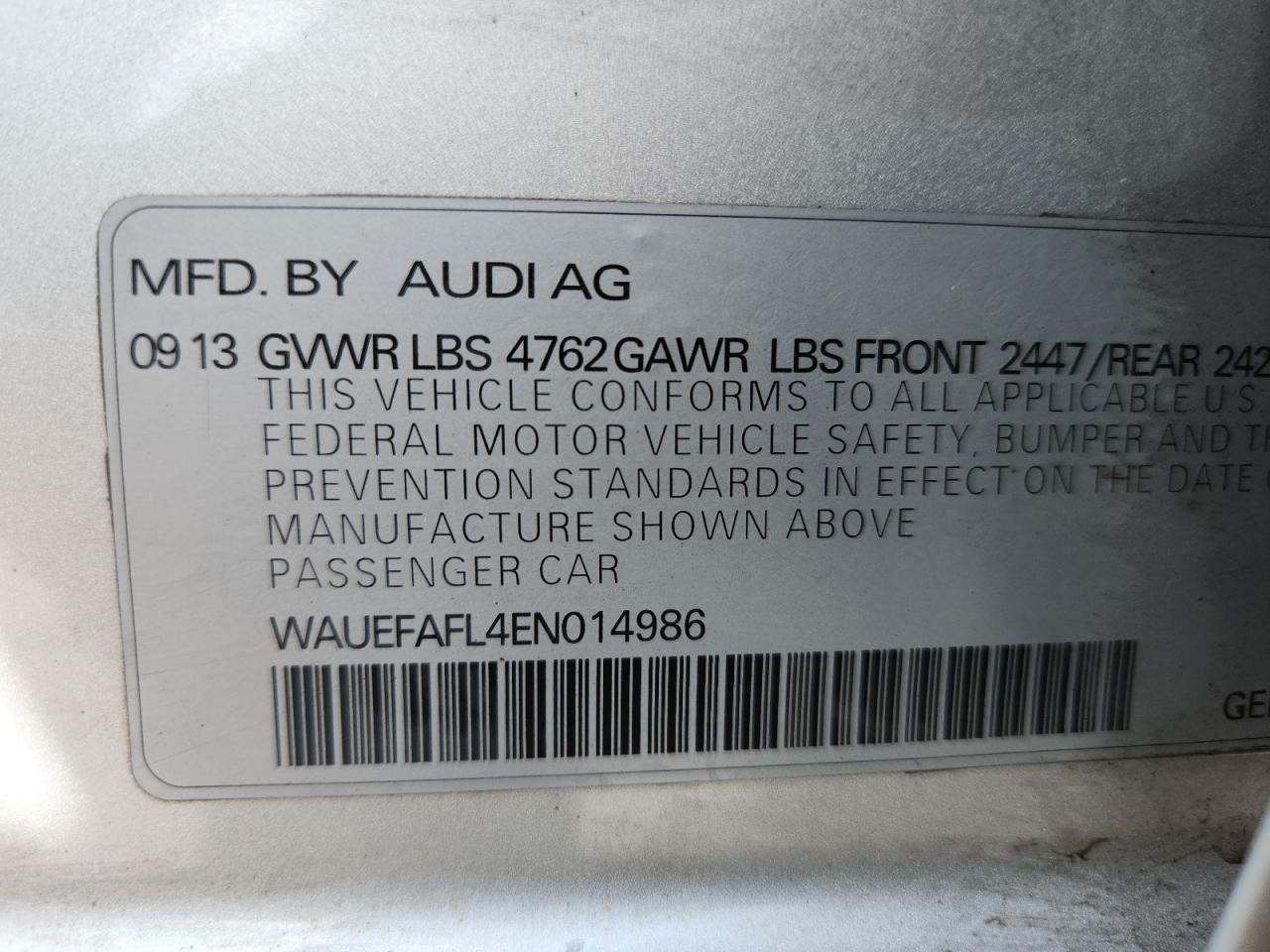 2014 Audi A4 Premium Plus VIN: WAUEFAFL4EN014986 Lot: 71046825