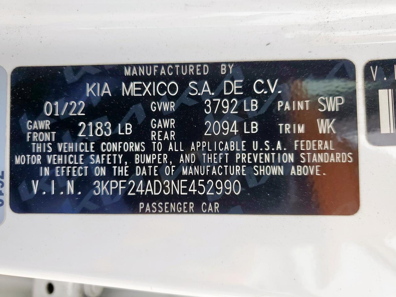 2022 Kia Forte Fe VIN: 3KPF24AD3NE452990 Lot: 69986245