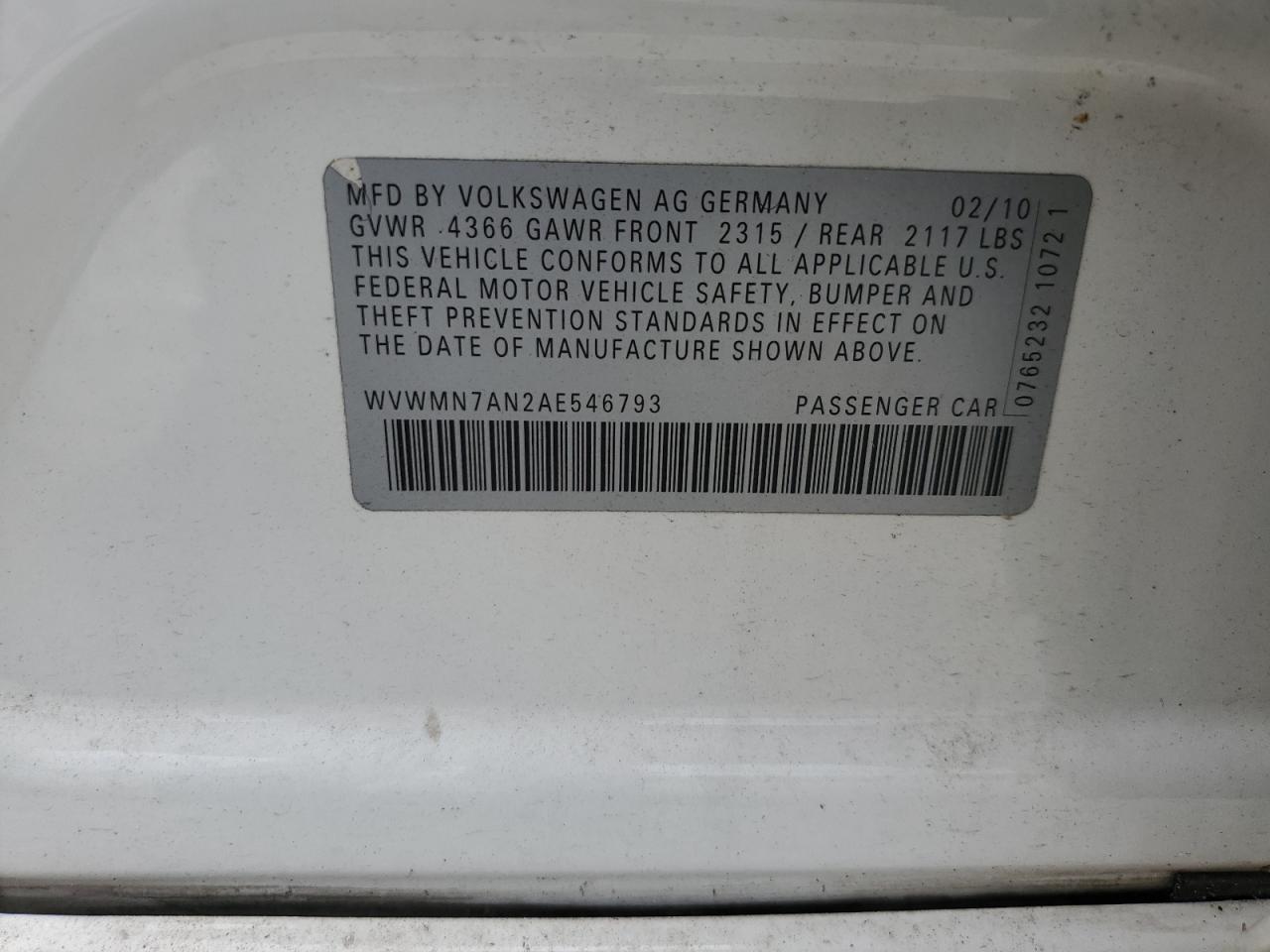 2010 Volkswagen Cc Sport VIN: WVWMN7AN2AE546793 Lot: 67149605