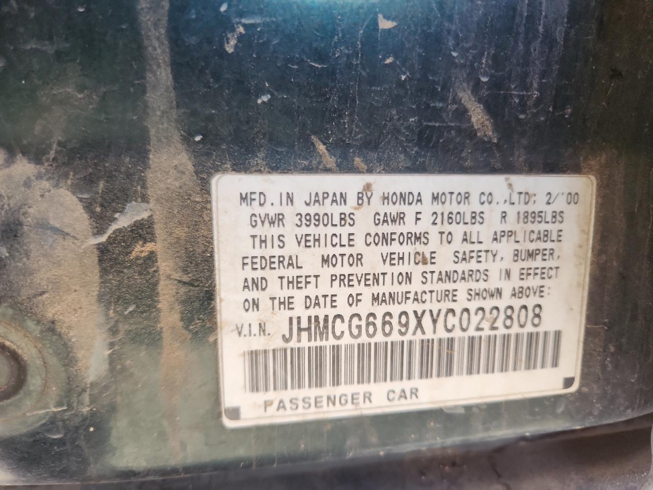 2000 Honda Accord Se VIN: JHMCG669XYC022808 Lot: 66813555