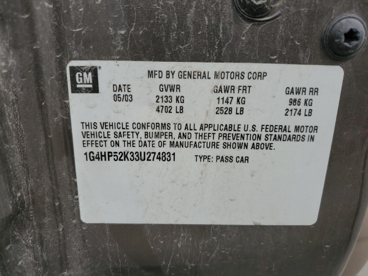 2003 Buick Lesabre Custom VIN: 1G4HP52K33U274831 Lot: 65959705