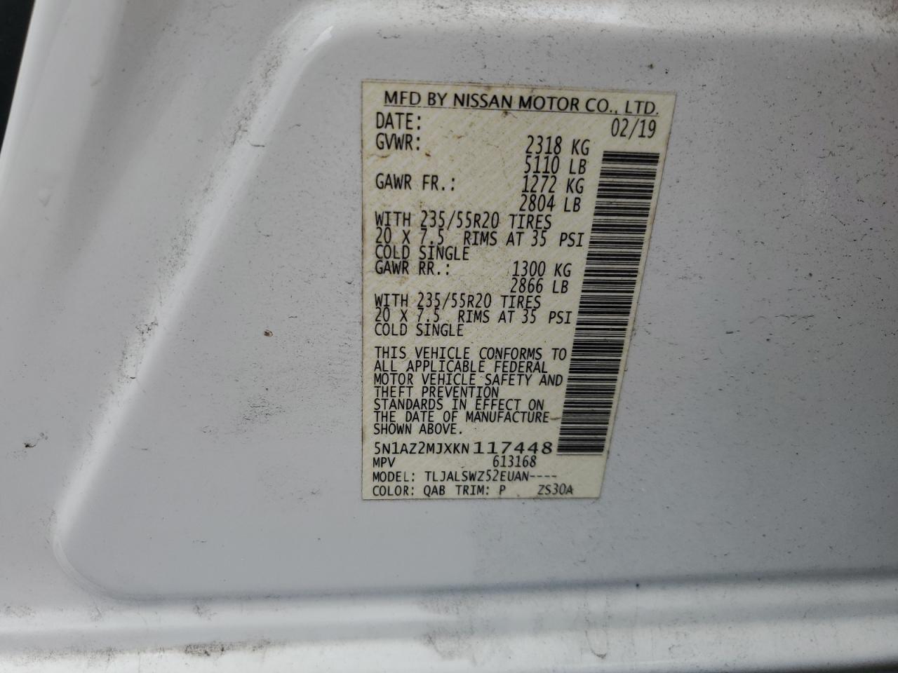 2019 Nissan Murano S VIN: 5N1AZ2MJXKN117448 Lot: 68461915