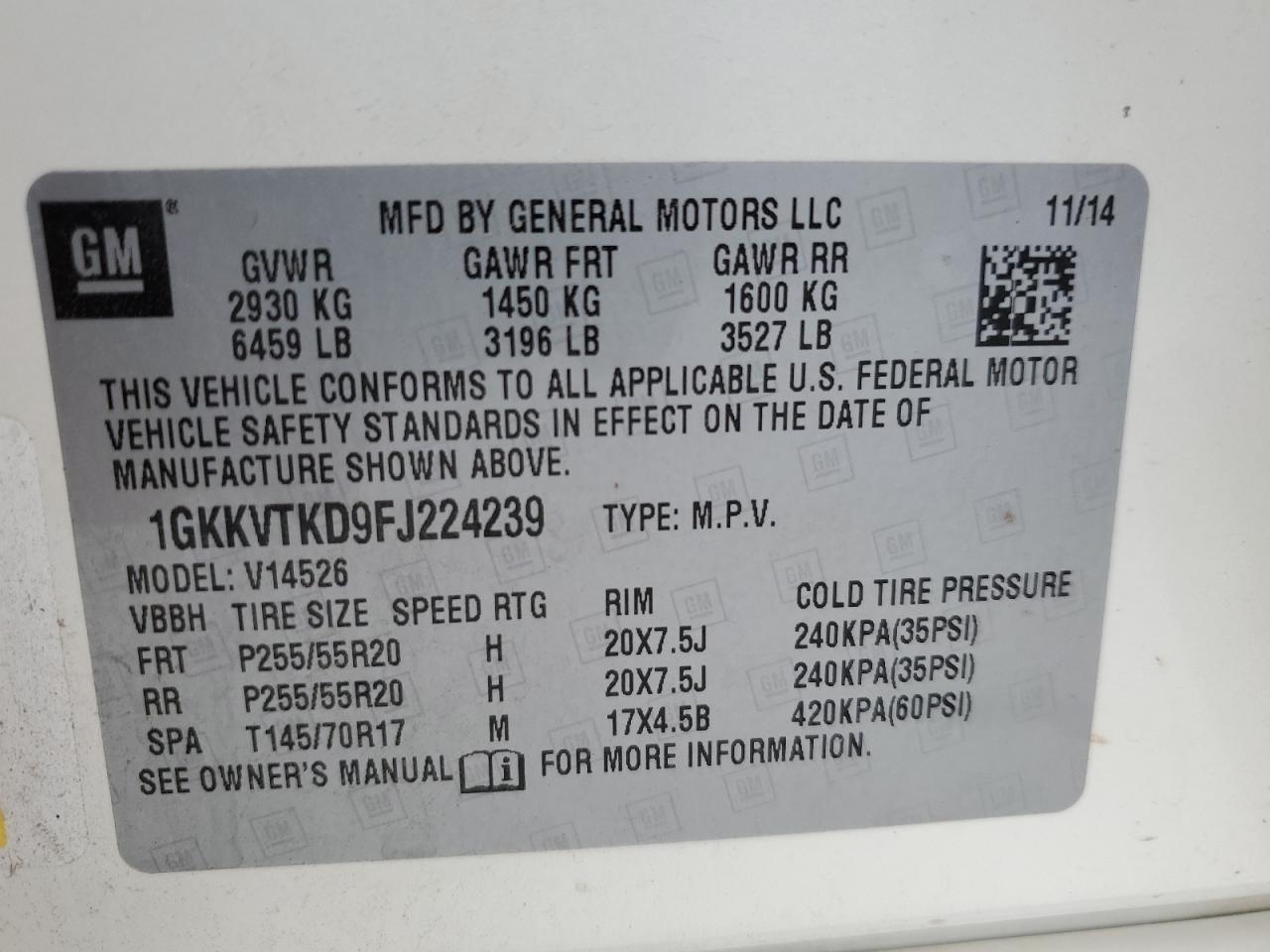 2015 GMC Acadia Denali VIN: 1GKKVTKD9FJ224239 Lot: 66133685