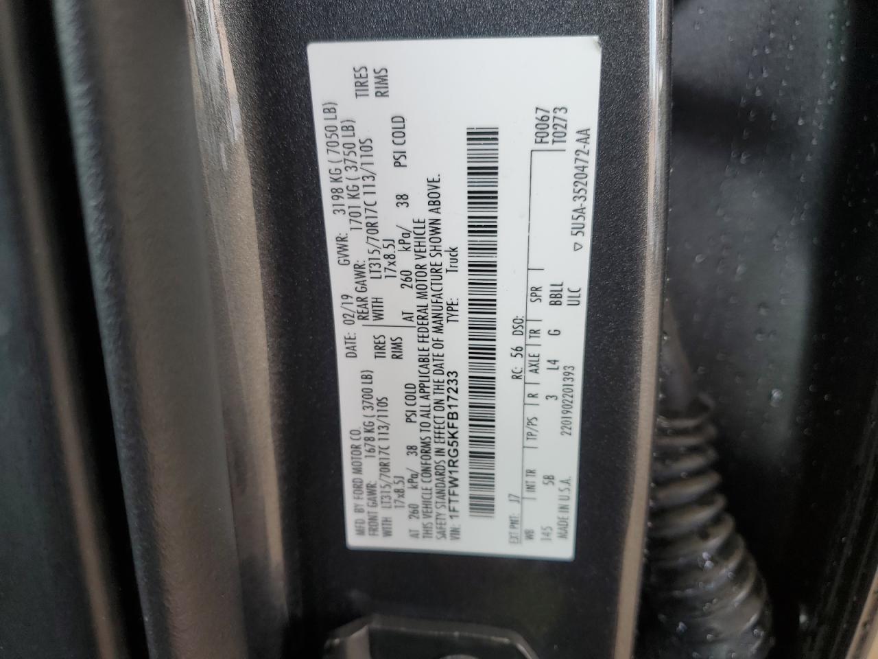 2019 Ford F150 Raptor VIN: 1FTFW1RG5KFB17233 Lot: 68325715