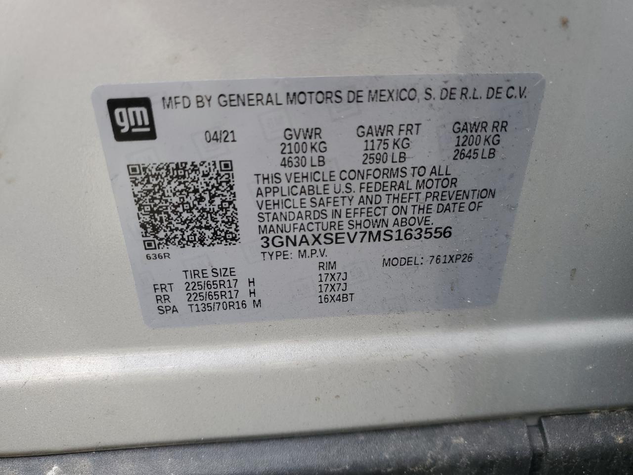 2021 Chevrolet Equinox Ls VIN: 3GNAXSEV7MS163556 Lot: 69042175