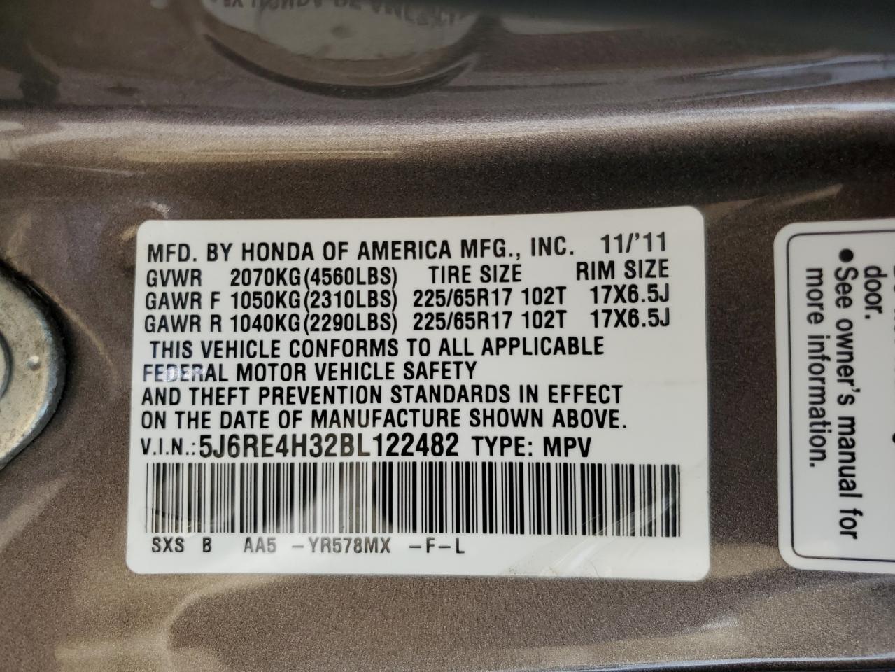 2011 Honda Cr-V Lx VIN: 5J6RE4H32BL122482 Lot: 68548135