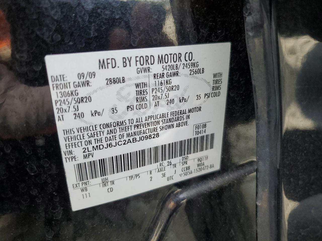 2010 Lincoln Mkx VIN: 2LMDJ6JC2ABJ09828 Lot: 70491915