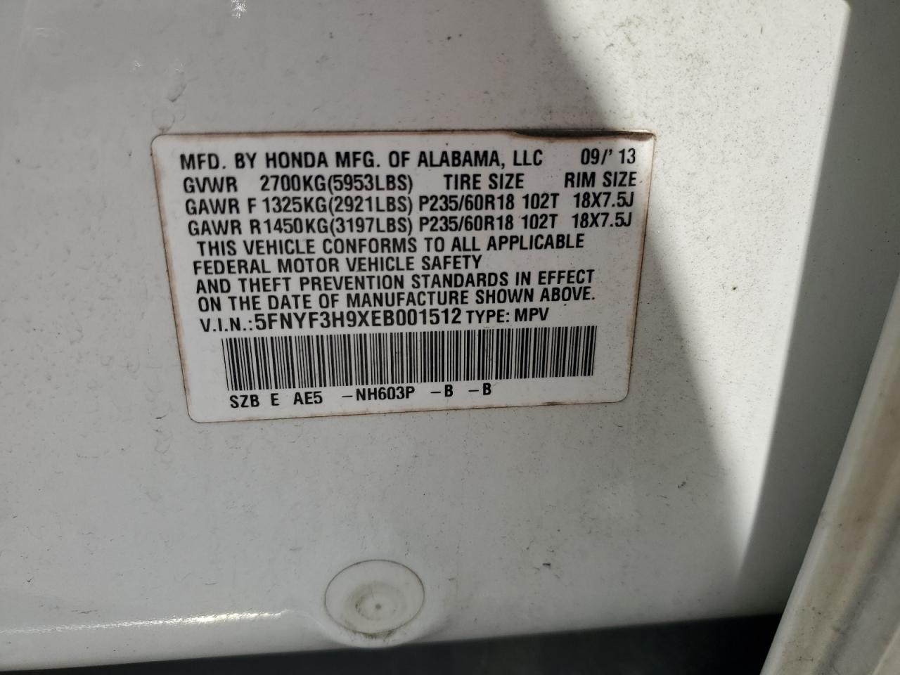 2014 Honda Pilot Touring VIN: 5FNYF3H9XEB001512 Lot: 70248615