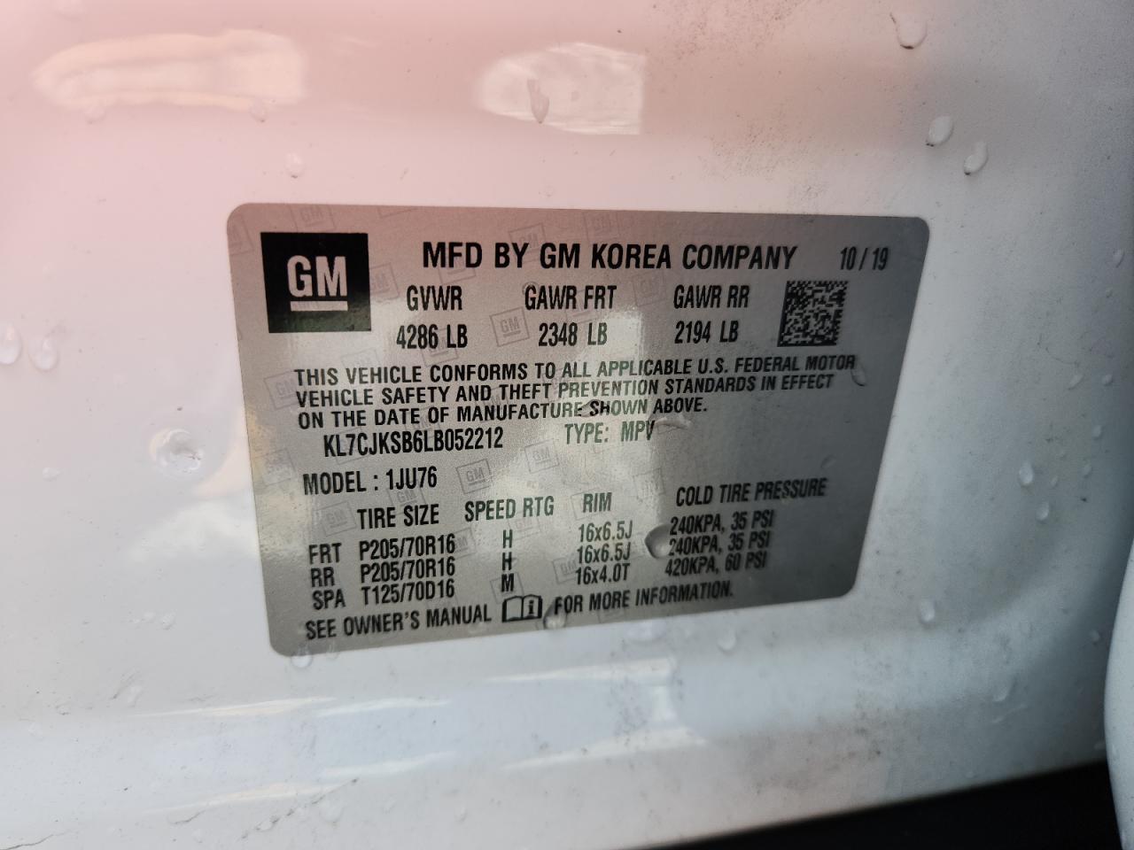 2020 Chevrolet Trax Ls VIN: KL7CJKSB6LB052212 Lot: 69802295