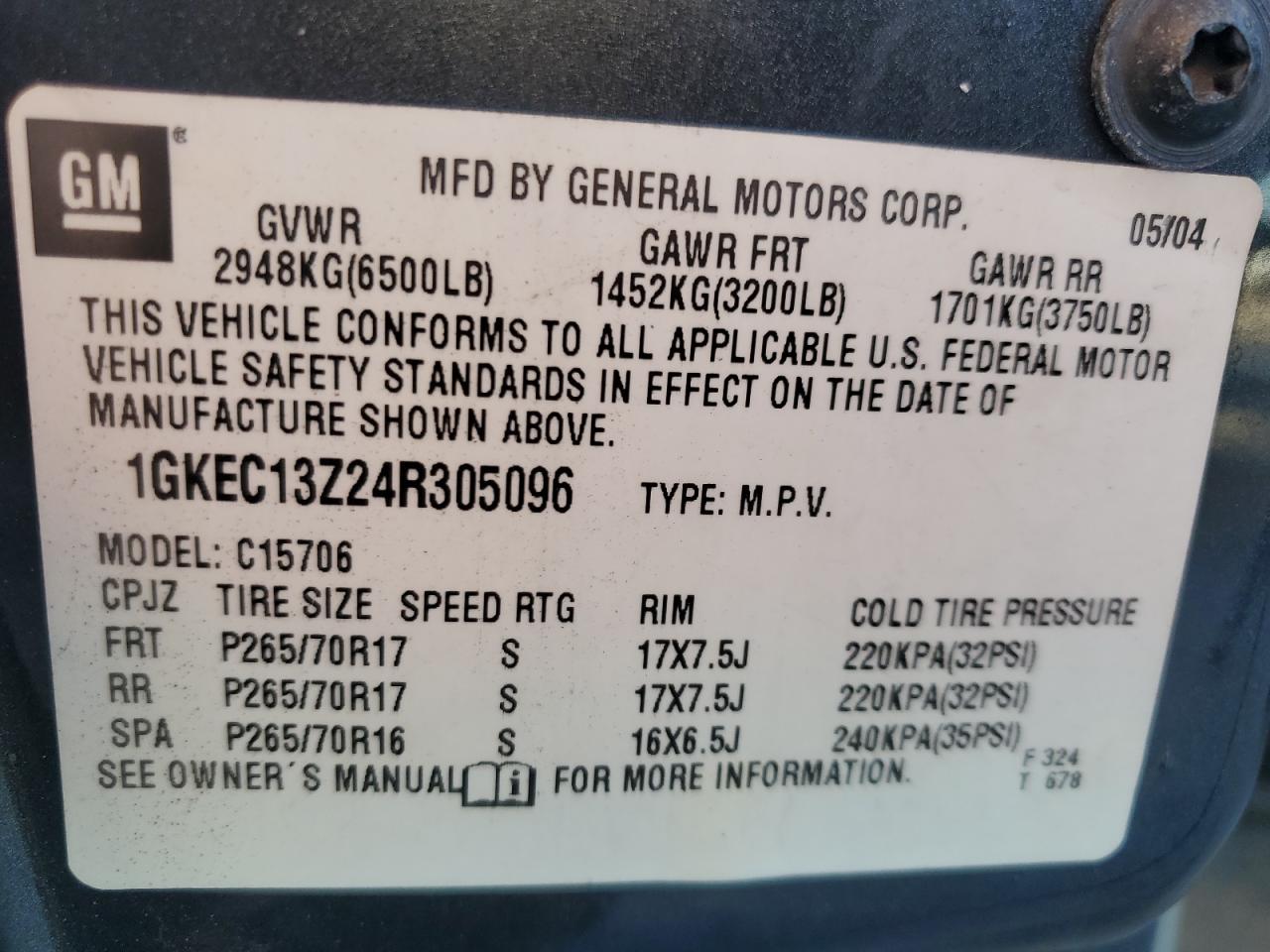 2004 GMC Yukon VIN: 1GKEC13Z24R305096 Lot: 67478665