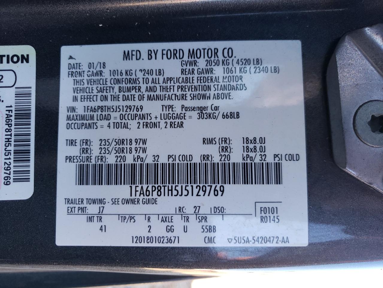 2018 Ford Mustang VIN: 1FA6P8TH5J5129769 Lot: 70414135