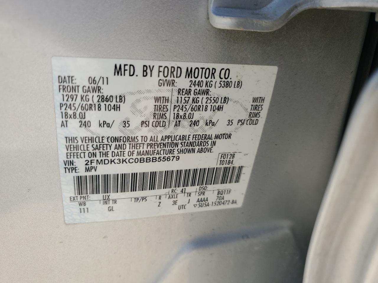 2011 Ford Edge Limited VIN: 2FMDK3KC0BBB55679 Lot: 67535345