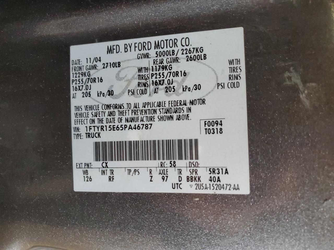 2005 Ford Ranger Super Cab VIN: 1FTYR15E65PA46787 Lot: 70260095