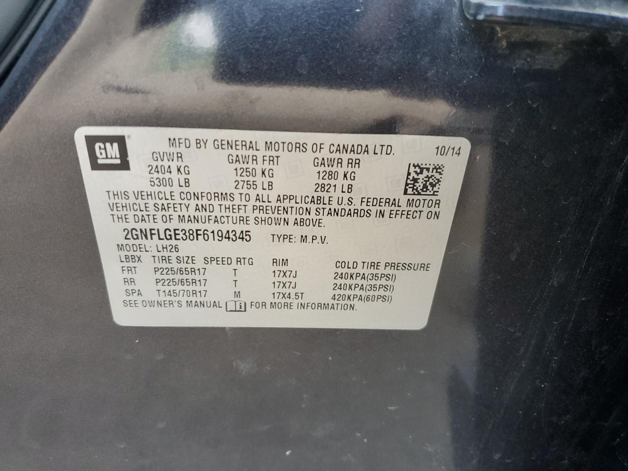 2GNFLGE38F6194345 2015 Chevrolet Equinox Lt