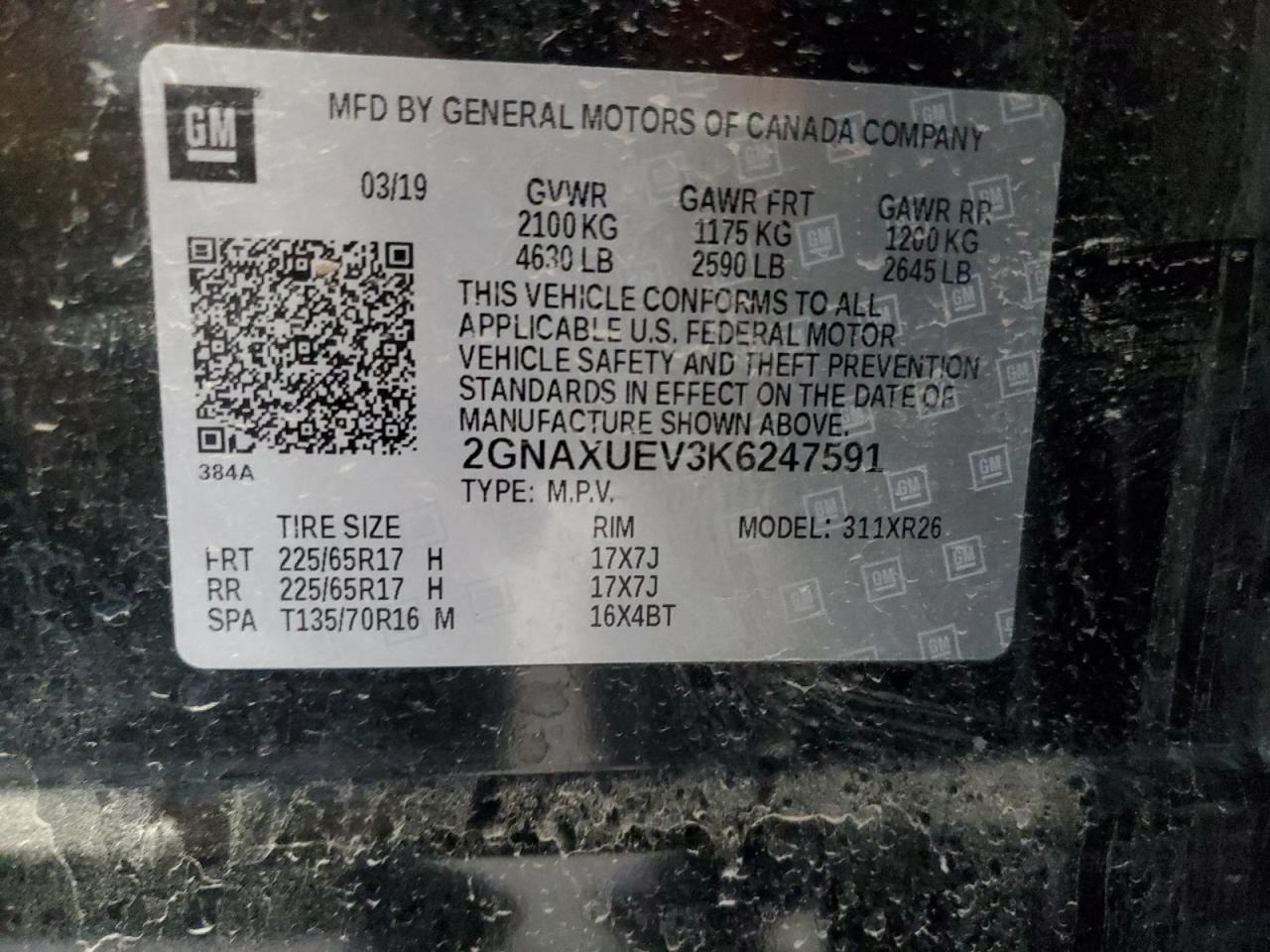 2019 Chevrolet Equinox Lt VIN: 2GNAXUEV3K6247591 Lot: 69864495