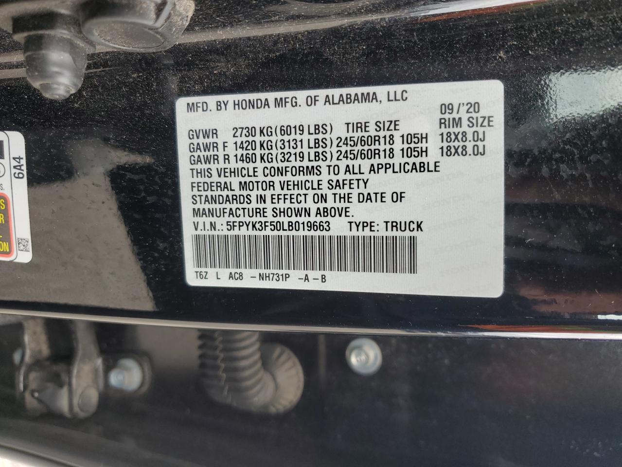 2020 Honda Ridgeline Rtl VIN: 5FPYK3F50LB019663 Lot: 68976635