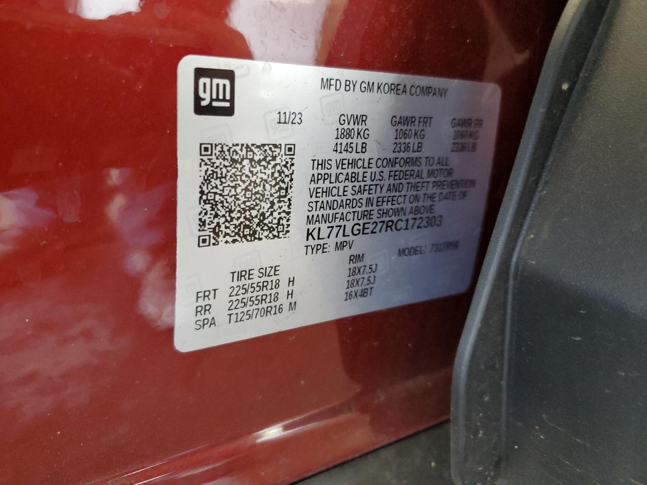 2024 Chevrolet Trax 1Rs VIN: KL77LGE27RC172303 Lot: 69801205