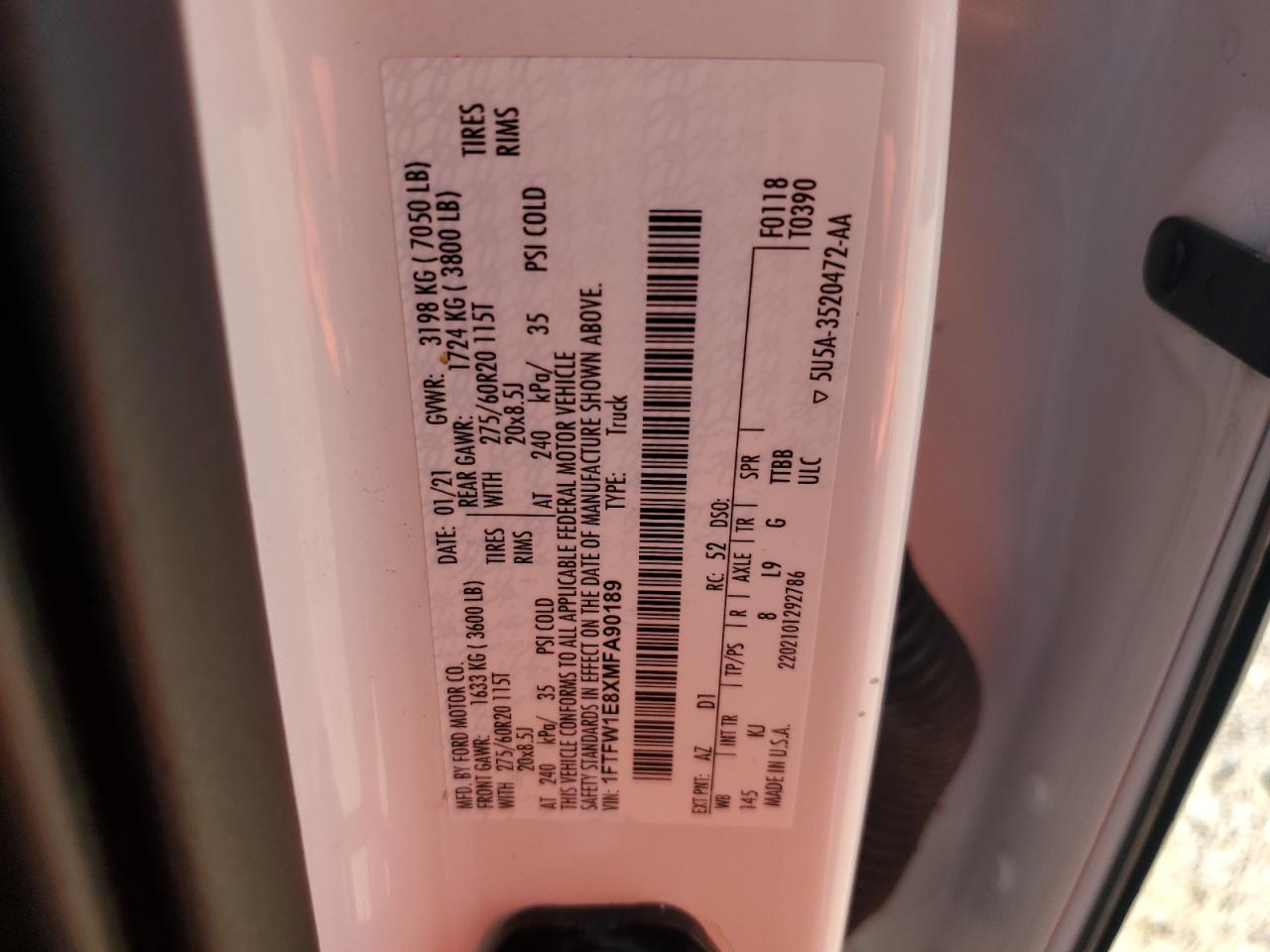 2021 Ford F150 Supercrew VIN: 1FTFW1E8XMFA90189 Lot: 70389915