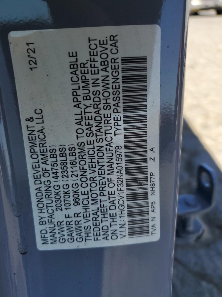 2022 Honda Accord Sport VIN: 1HGCV1F32NA015978 Lot: 70940685