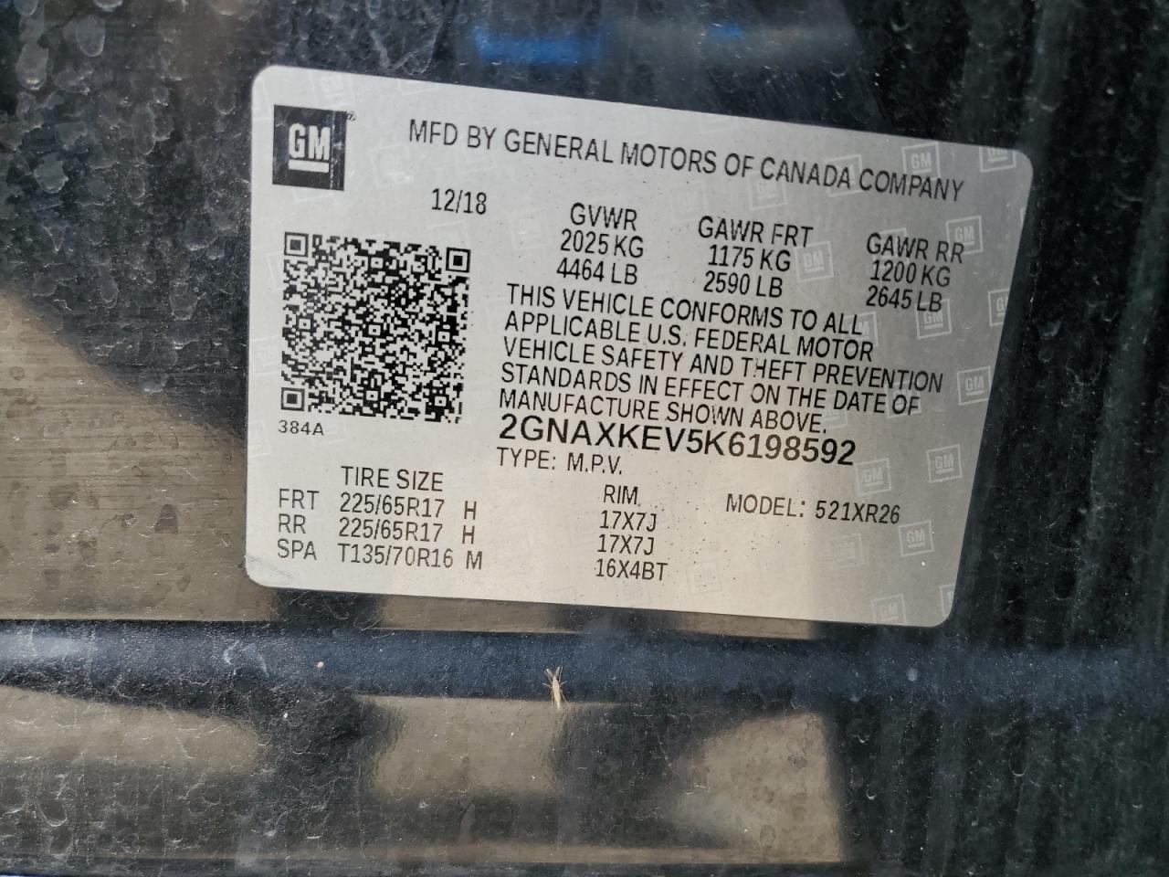 2019 Chevrolet Equinox Lt VIN: 2GNAXKEV5K6198592 Lot: 70045595