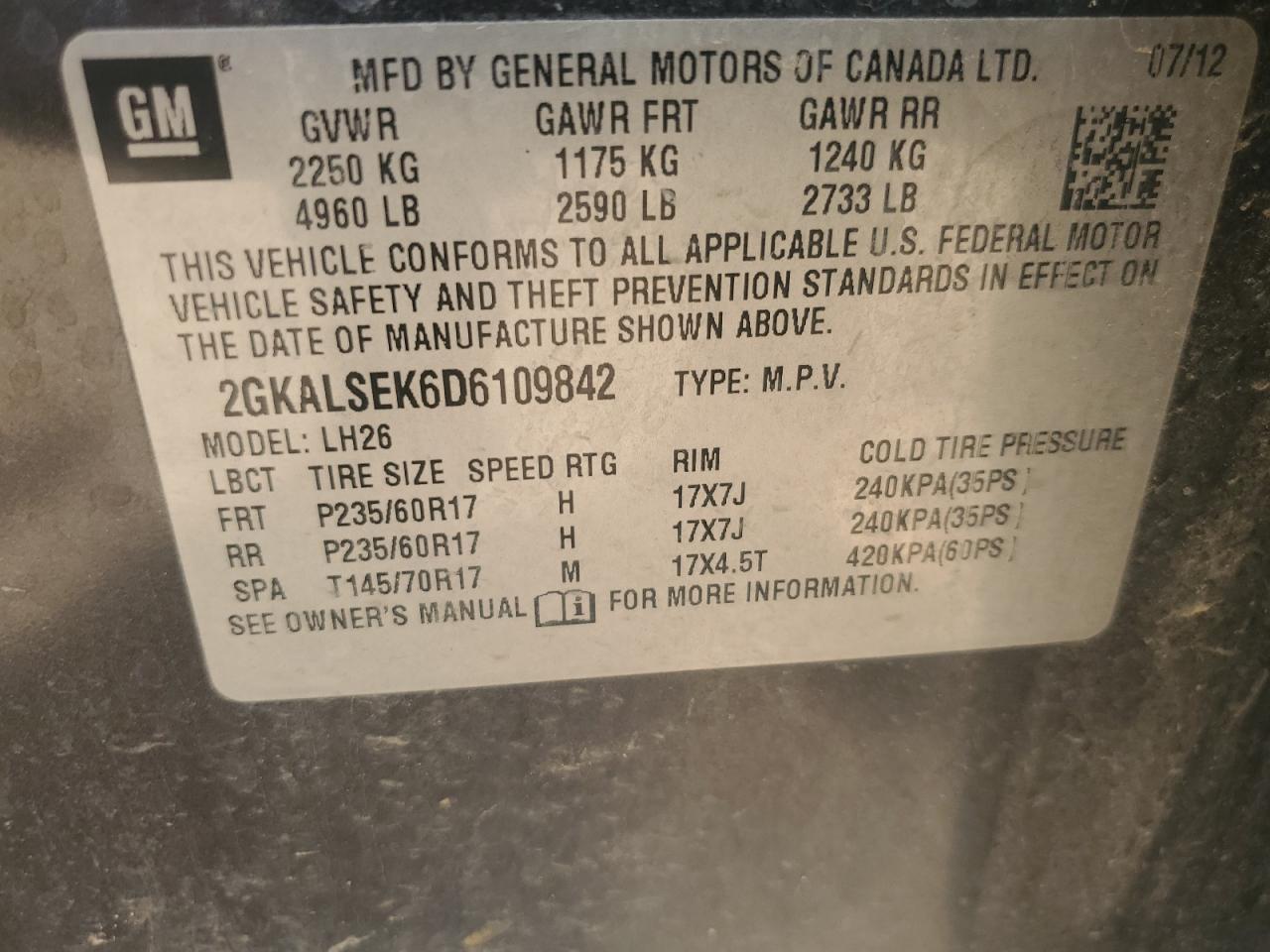 2013 GMC Terrain Sle VIN: 2GKALSEK6D6109842 Lot: 70862585