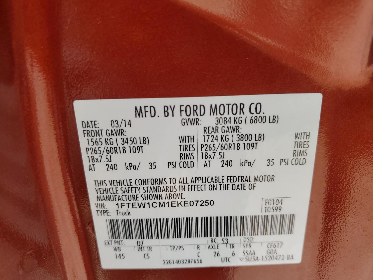 2014 Ford F150 Supercrew VIN: 1FTEW1CM1EKE07250 Lot: 69883665