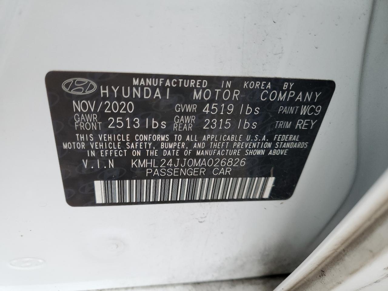 2021 Hyundai Sonata Hybrid VIN: KMHL24JJ0MA026826 Lot: 68123435