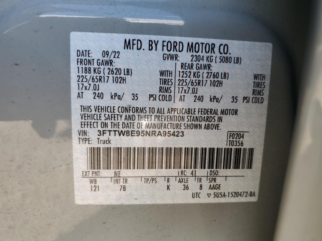 2022 Ford Maverick Xl VIN: 3FTTW8E95NRA95423 Lot: 70287525