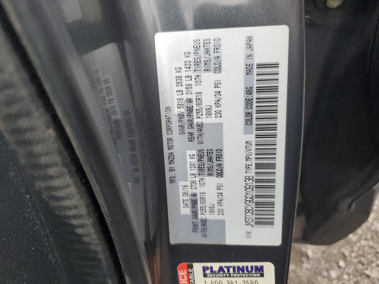 2016 Mazda Cx-9 Touring VIN: JM3TCBCY9G0109138 Lot: 70117755