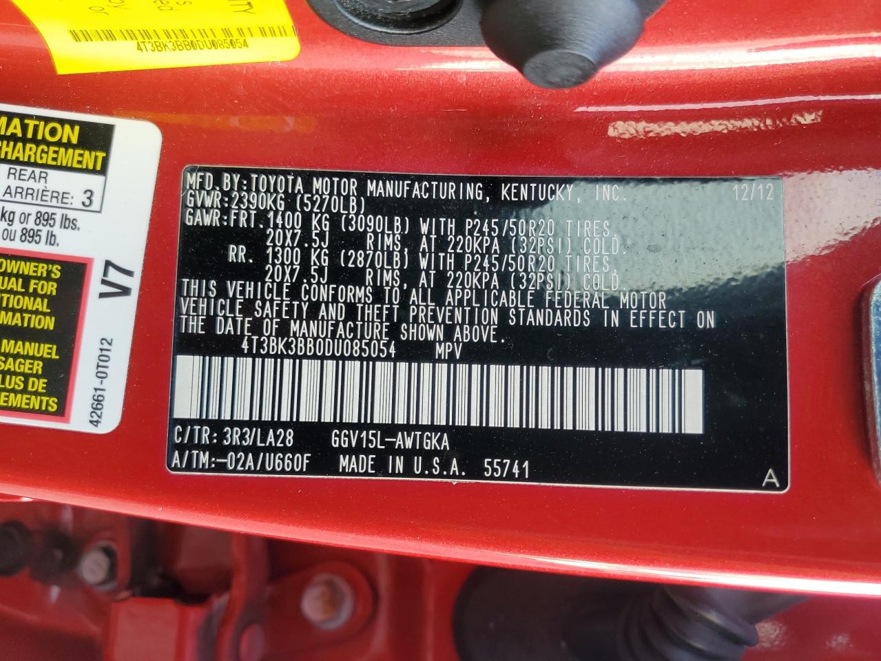 2013 Toyota Venza Le VIN: 4T3BK3BB0DU085054 Lot: 69555125