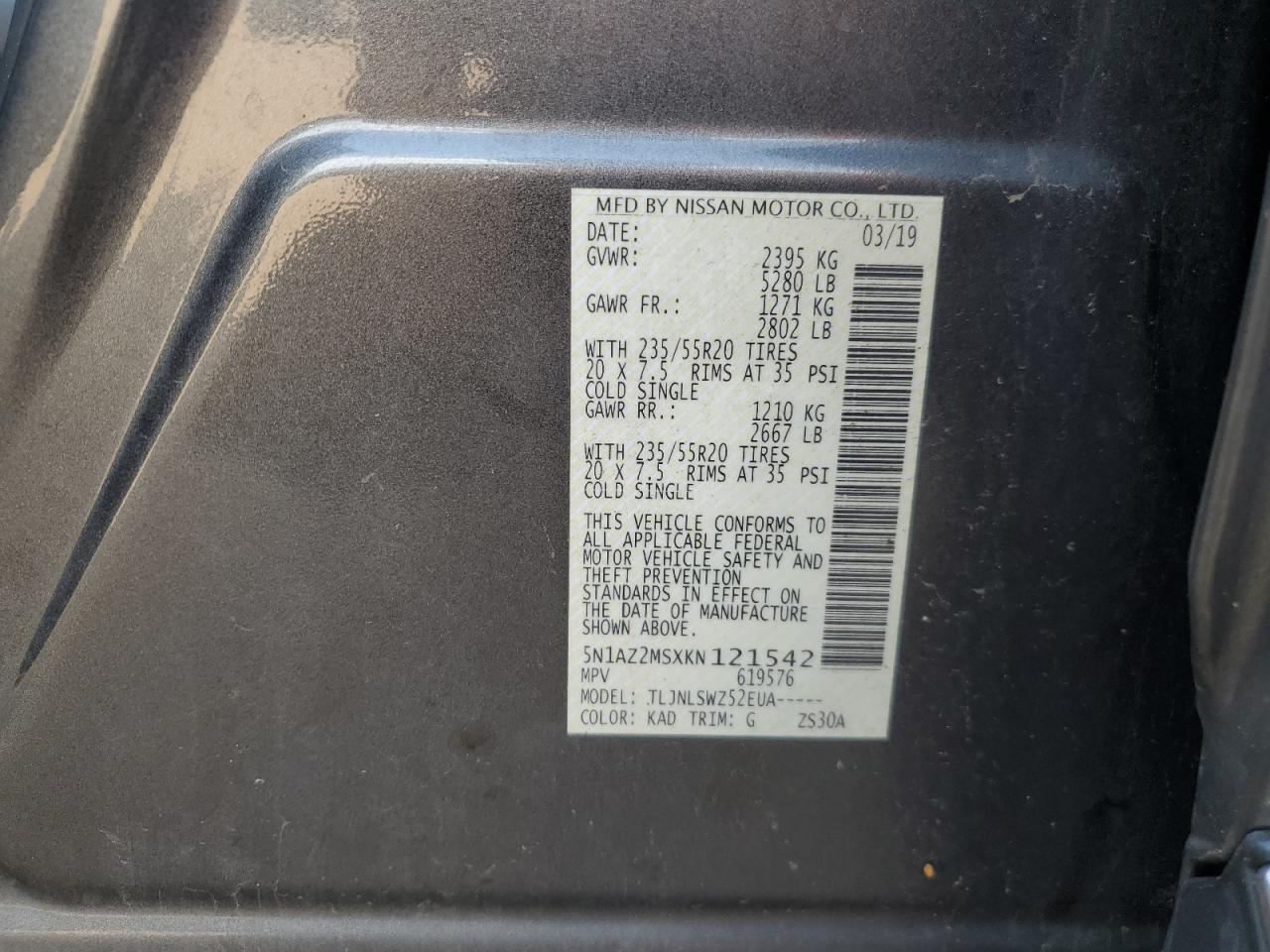 2019 Nissan Murano S VIN: 5N1AZ2MSXKN121542 Lot: 68520995