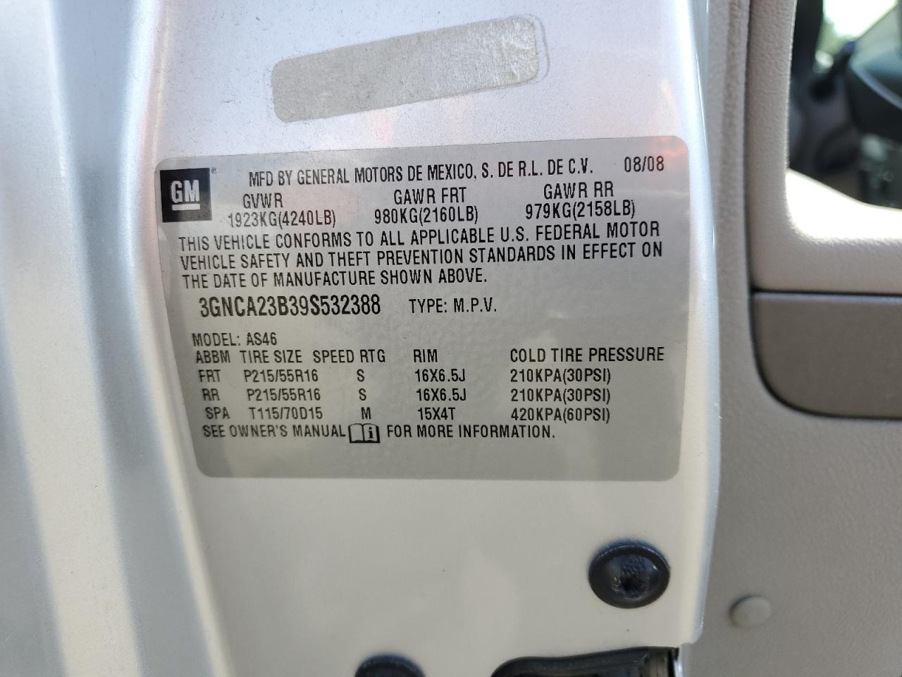 3GNCA23B39S532388 2009 Chevrolet Hhr Lt