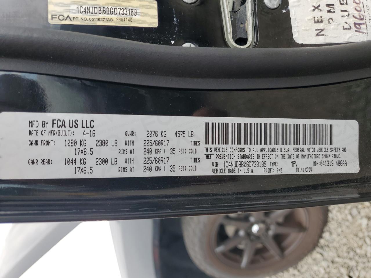 2016 Jeep Compass Sport VIN: 1C4NJDBB0GD733189 Lot: 69875165