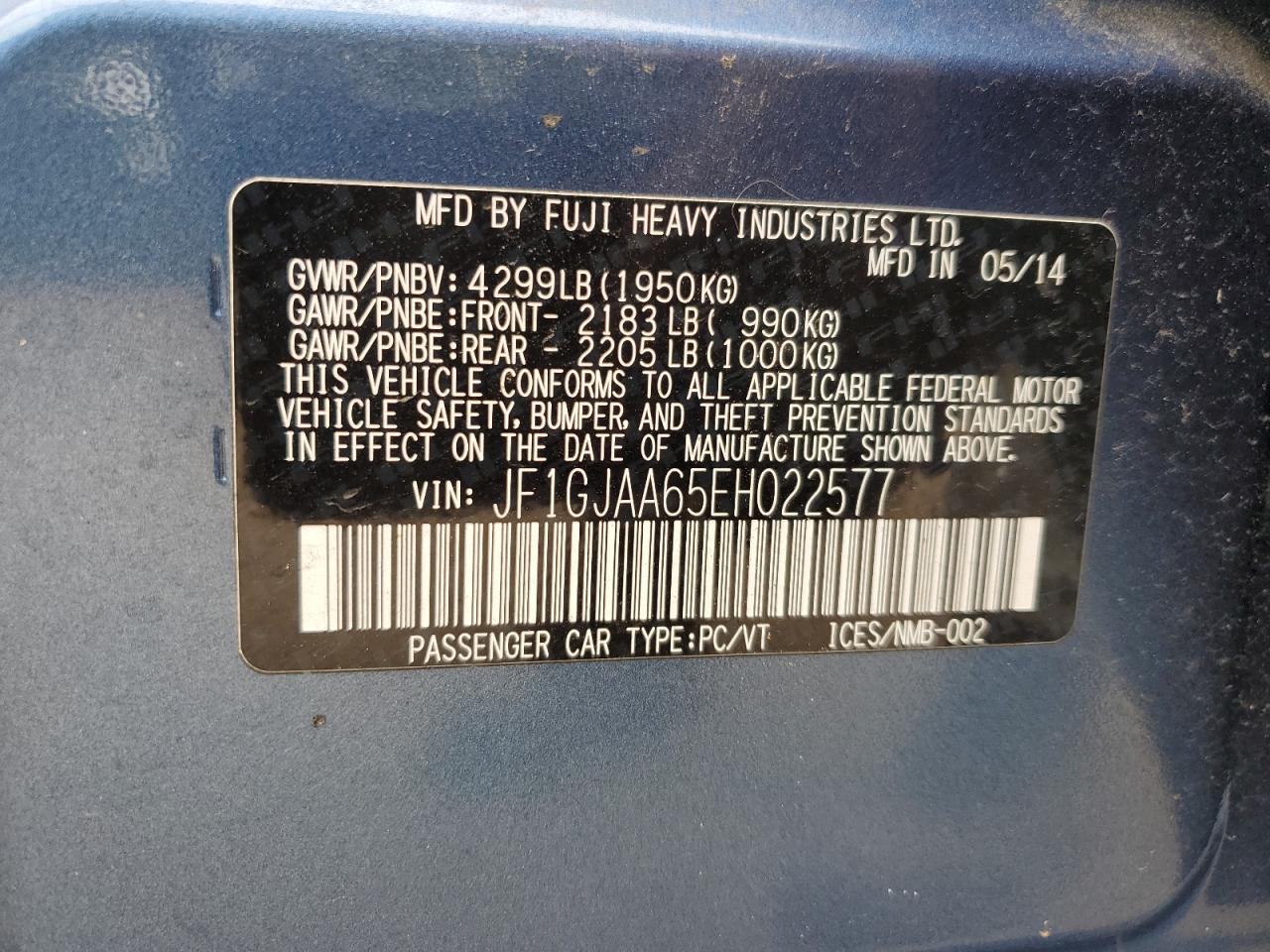 2014 Subaru Impreza VIN: JF1GJAA65EH022577 Lot: 68460455