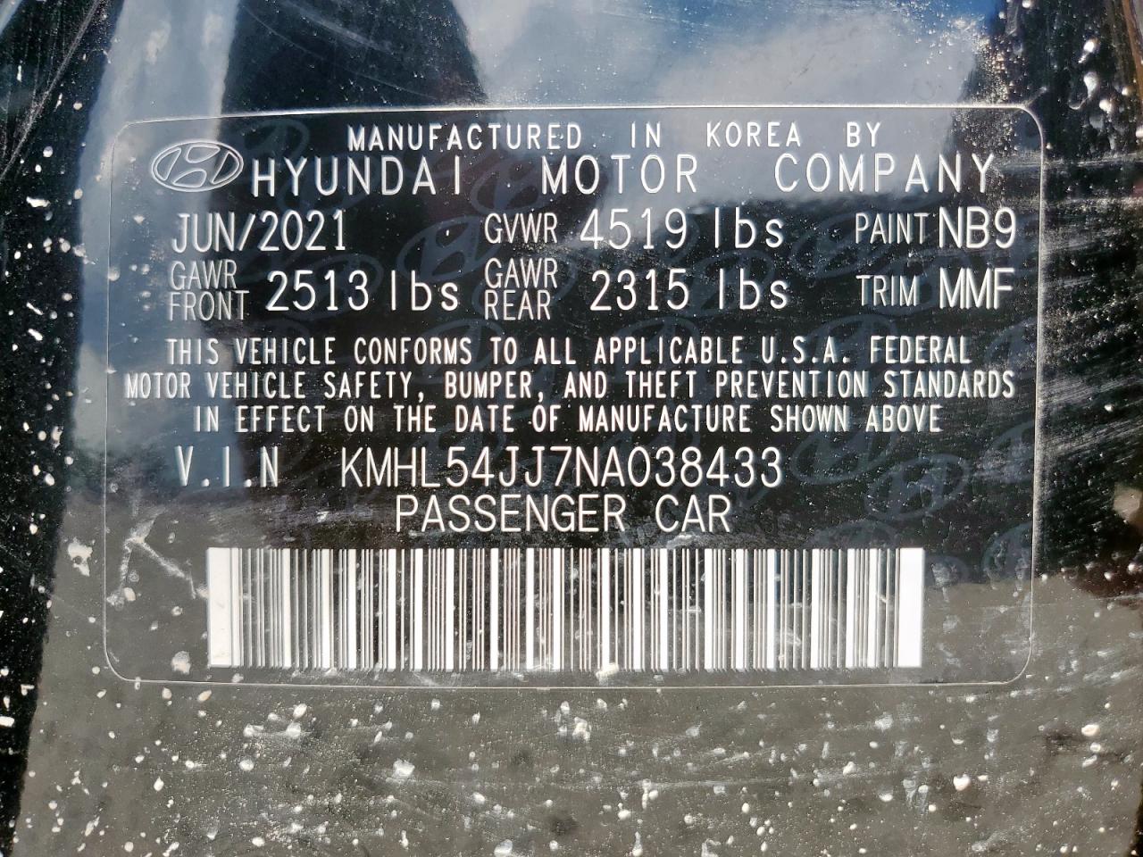 2022 Hyundai Sonata Hybrid VIN: KMHL54JJ7NA038433 Lot: 68224385