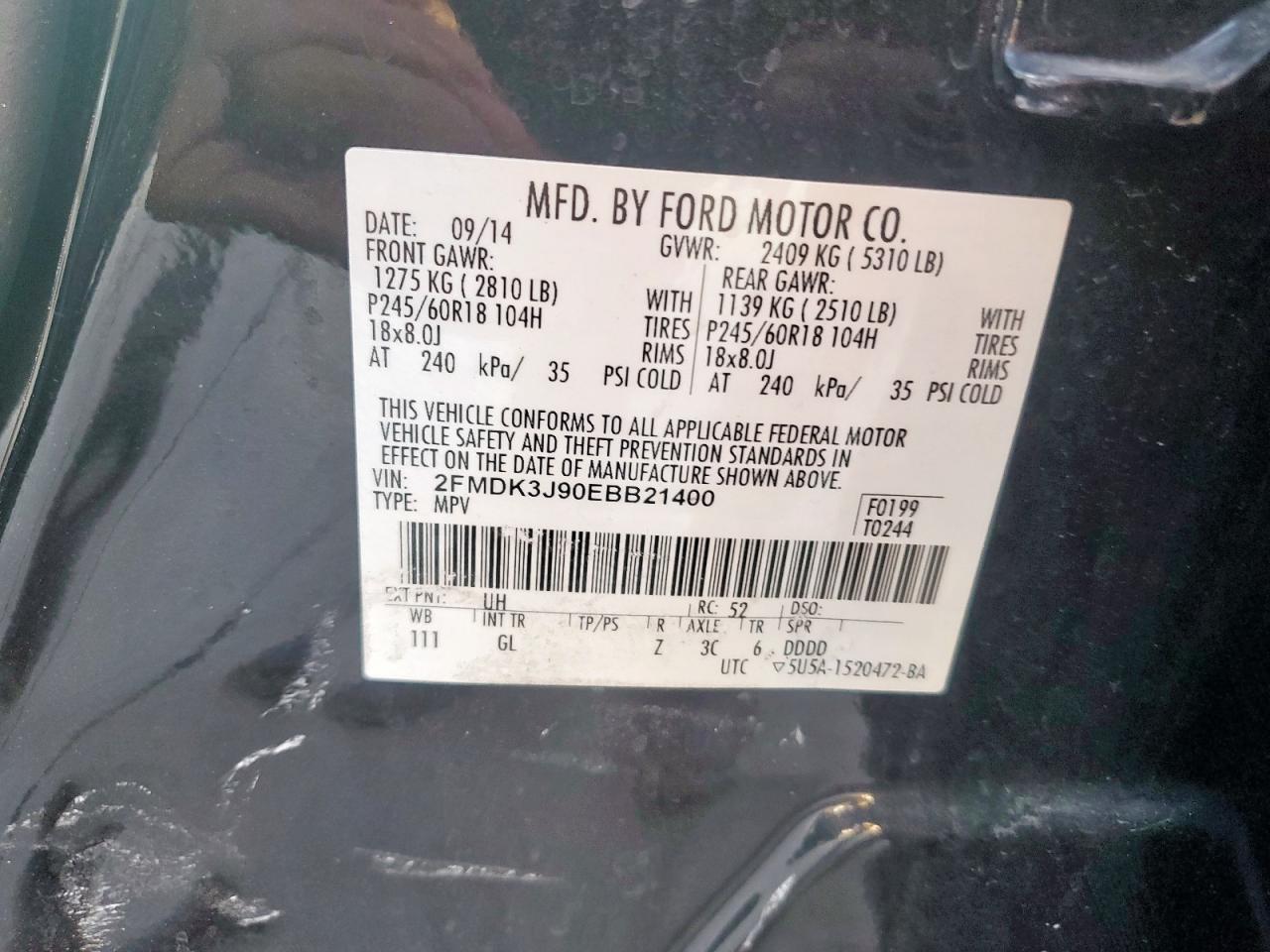 2014 Ford Edge Sel VIN: 2FMDK3J90EBB21400 Lot: 67869085