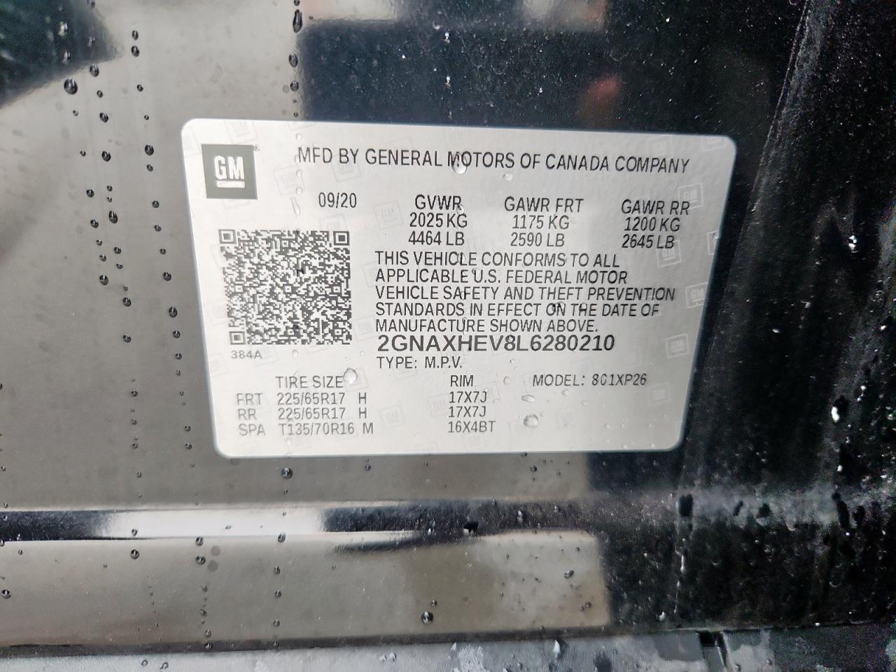 2020 Chevrolet Equinox Ls VIN: 2GNAXHEV8L6280210 Lot: 69795615