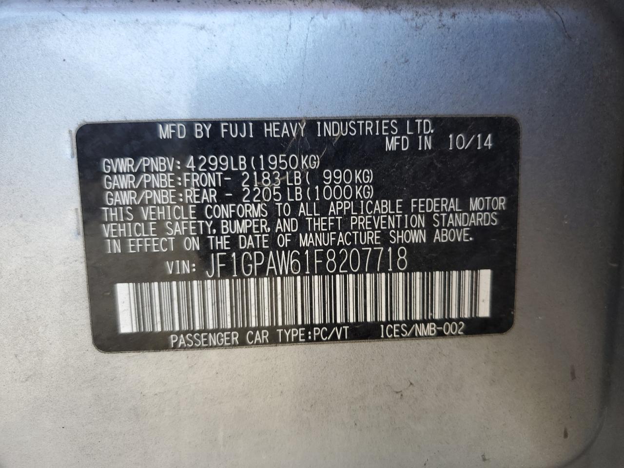 2015 Subaru Impreza Sport Limited VIN: JF1GPAW61F8207718 Lot: 69138735