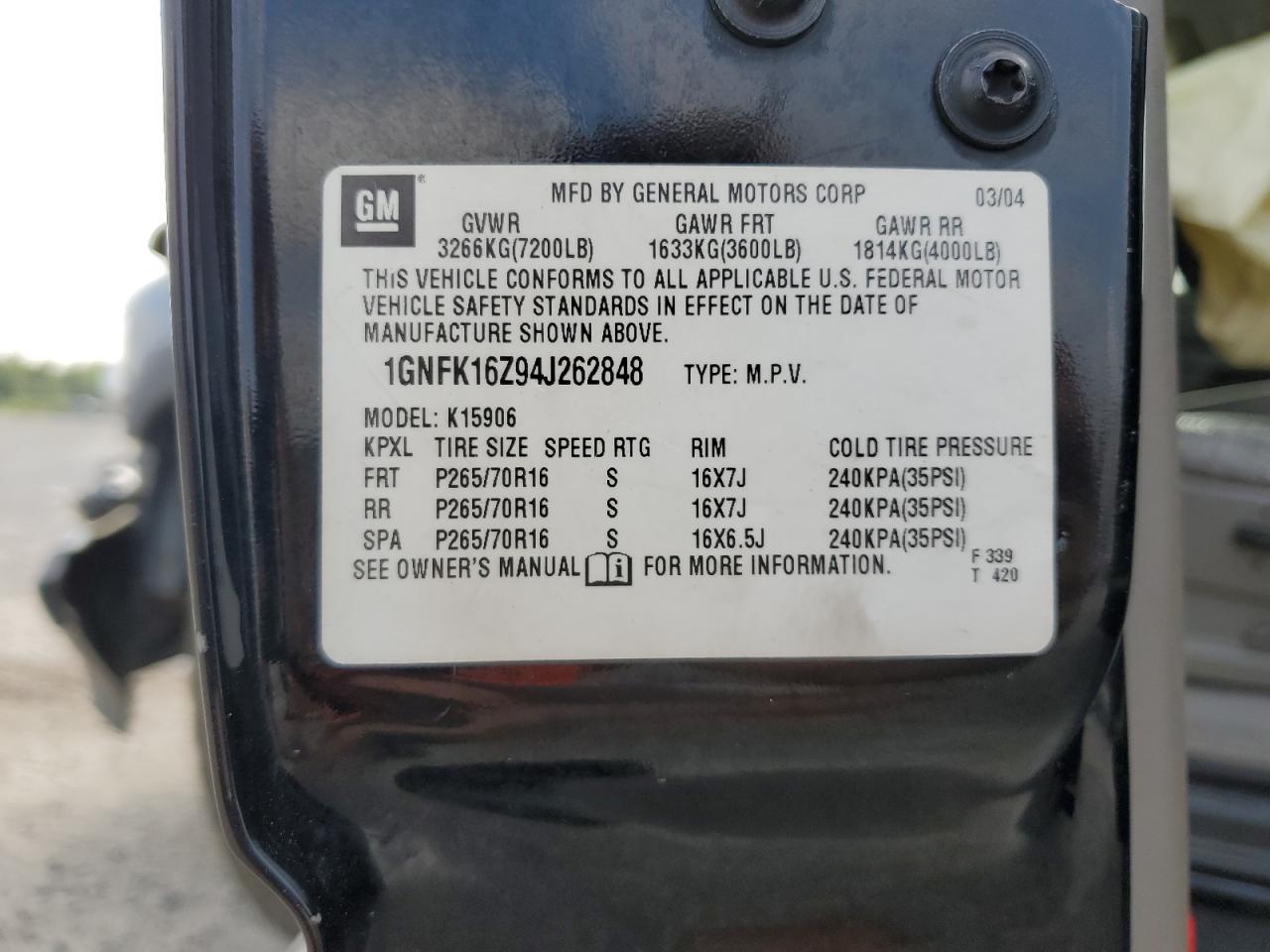 2004 Chevrolet Suburban K1500 VIN: 1GNFK16Z94J262848 Lot: 67368375