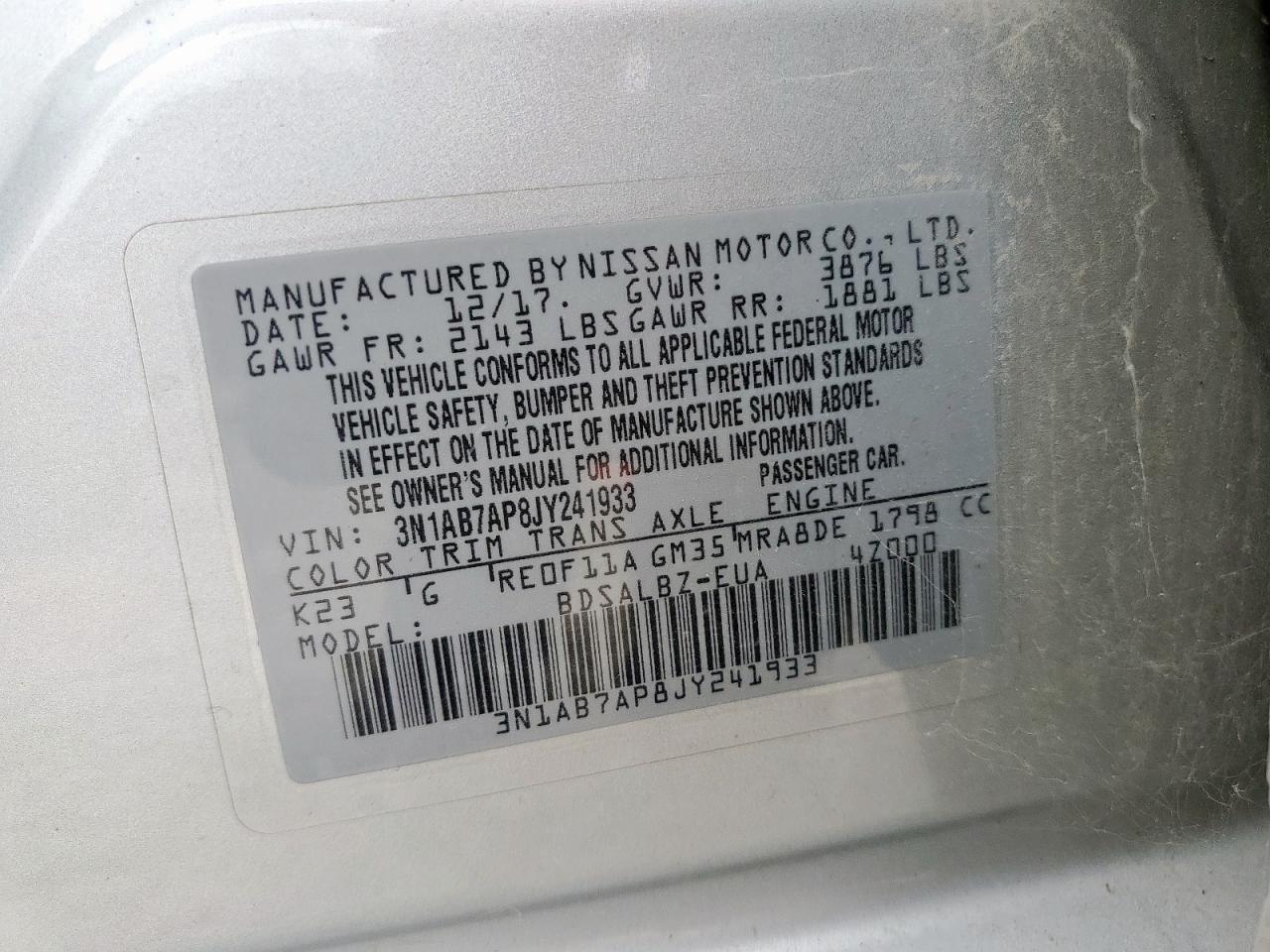 2018 Nissan Sentra S VIN: 3N1AB7AP8JY241933 Lot: 69968105