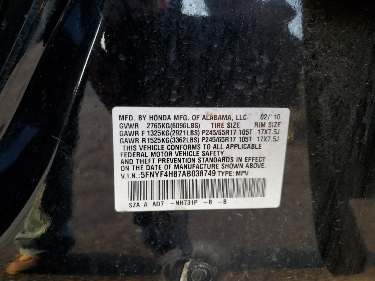 2010 Honda Pilot Touring VIN: 5FNYF4H87AB038749 Lot: 69882305