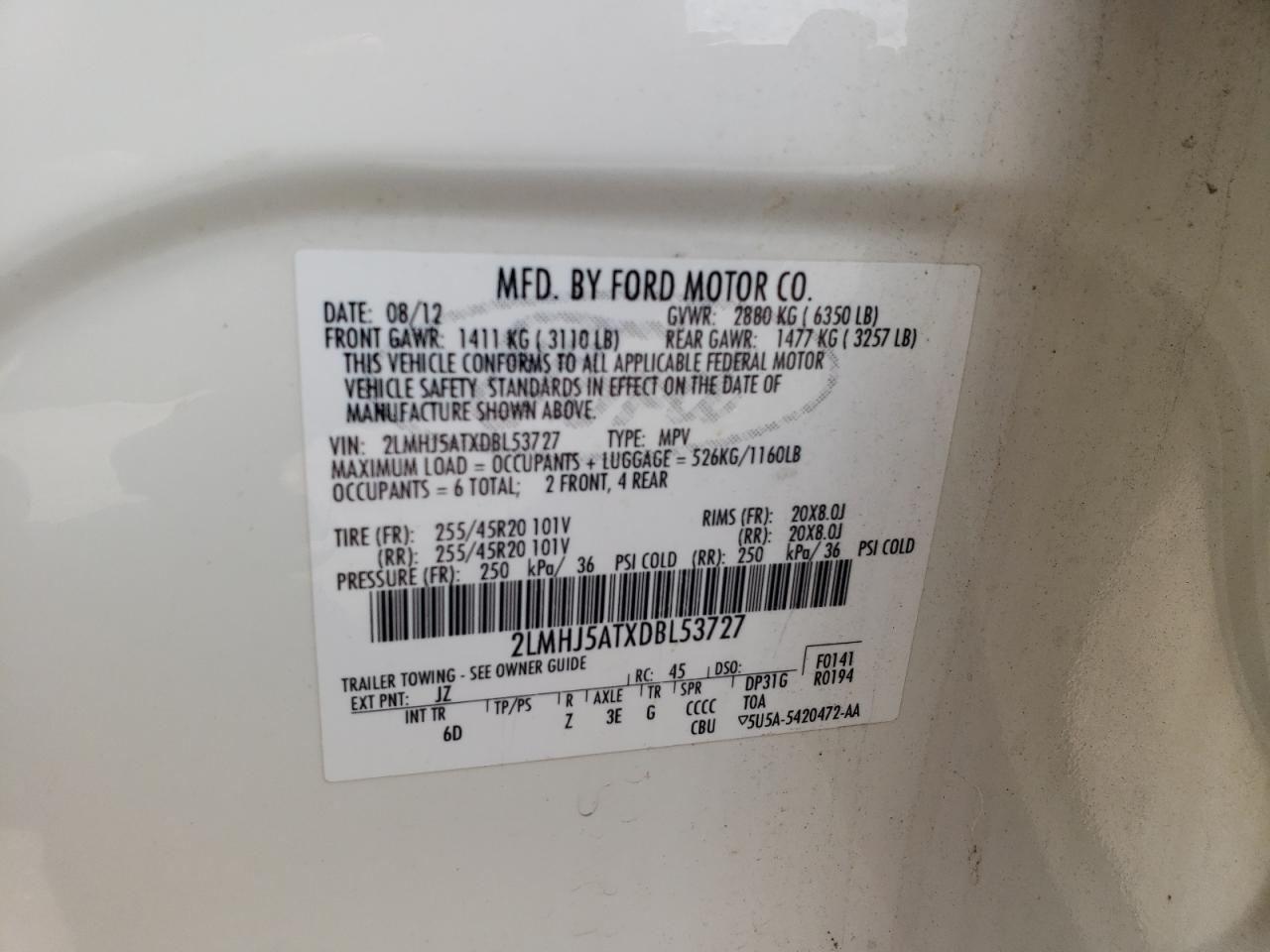 2013 Lincoln Mkt VIN: 2LMHJ5ATXDBL53727 Lot: 68845165