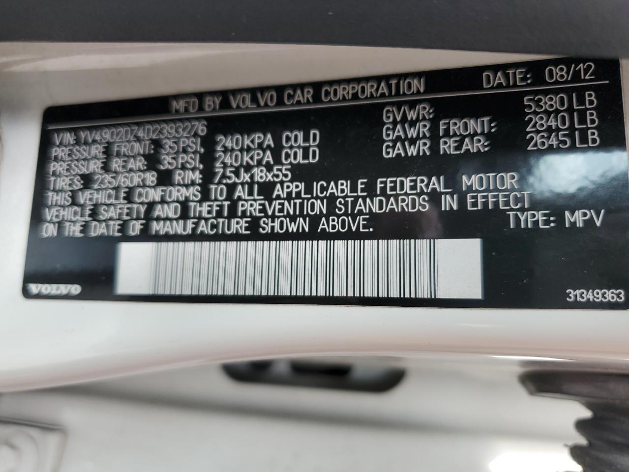 2013 Volvo Xc60 T6 VIN: YV4902DZ4D2393276 Lot: 68143535