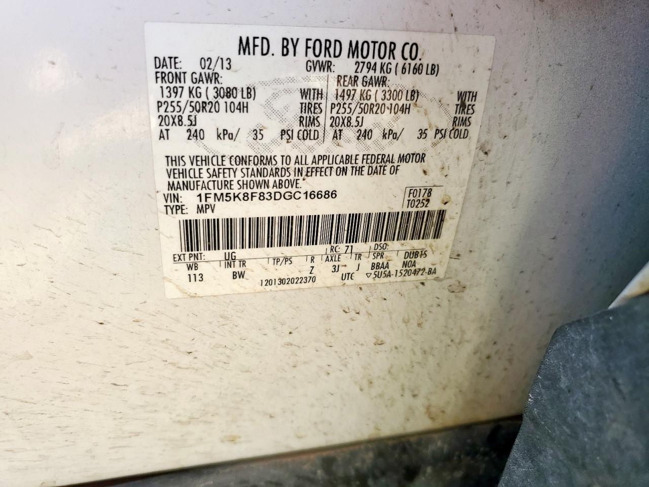 2013 Ford Explorer Limited VIN: 1FM5K8F83DGC16686 Lot: 68422965